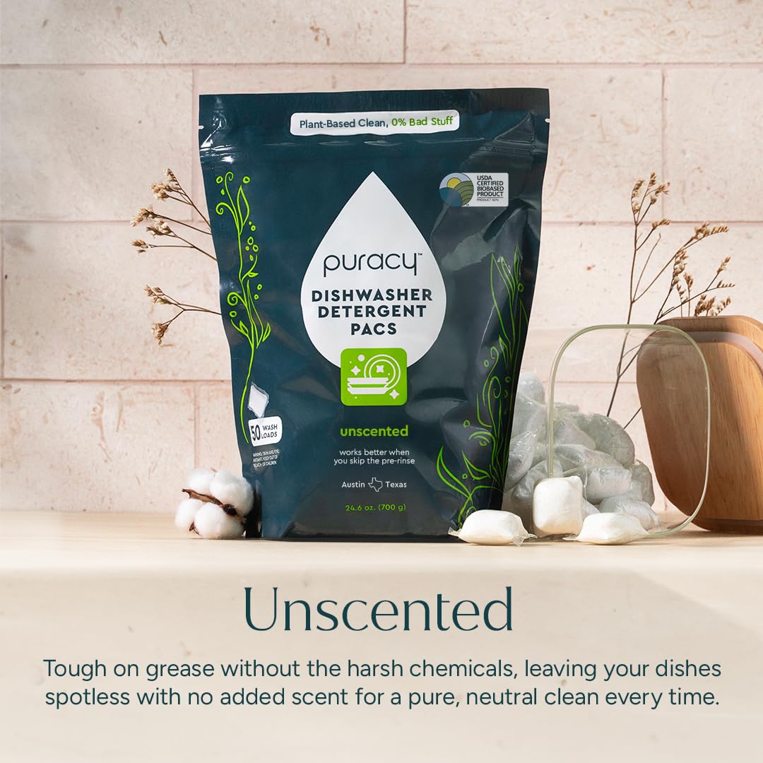 Puracy Dishwasher Pods, Natural Dishwasher Detergent, Free & Clear Dish tabs - Enzyme-Powered, Spot & Residue Free - TikTok Trend Items, Must Haves from TikTok Made Me Buy It (Free & Clear, 50 Count)