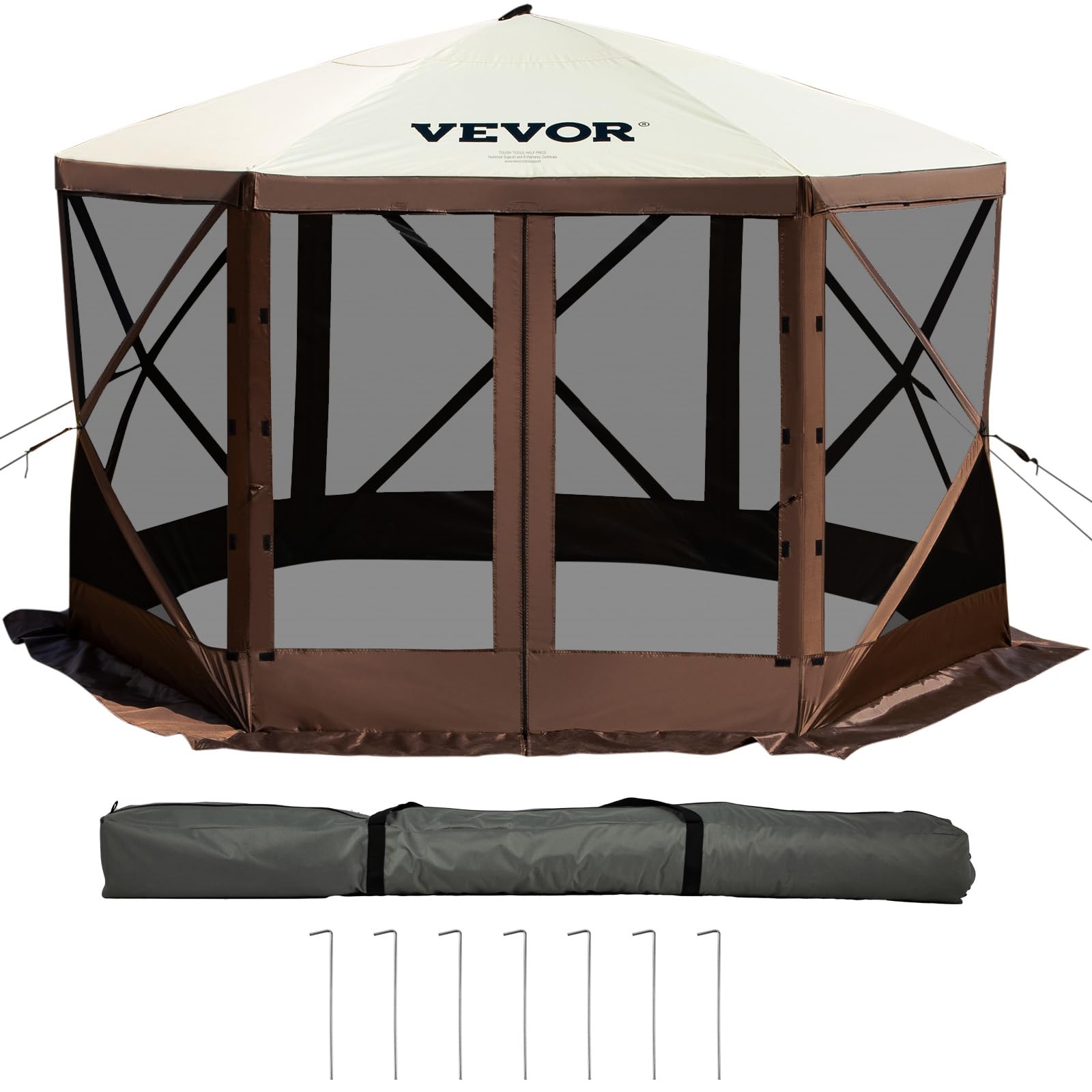 VEVOR Camping Gazebo Tent, 12'x12', 6 Sided Pop-up Canopy Screen Tent for 8 Person Camping, IPX3 Water-Resistant Screen Shelter w/Portable Storage Bag, Ground Stakes, Mesh Windows, Brown & Beige