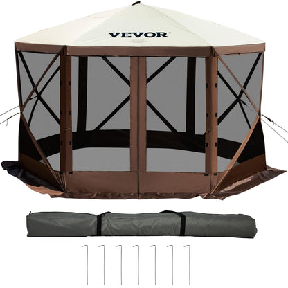 VEVOR Camping Gazebo Tent, 12'x12', 6 Sided Pop-up Canopy Screen Tent for 8 Person Camping, IPX3 Water-Resistant Screen Shelter w/Portable Storage Bag, Ground Stakes, Mesh Windows, Brown & Beige