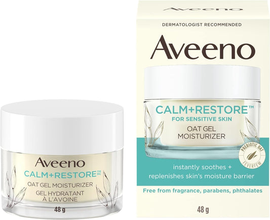Aveeno Calm + Restore Oat Gel Facial Moisturizer for Sensitive Skin, Lightweight Gel Cream Face Moisturizer with Prebiotic Oat and Feverfew, Hypoallergenic, Fragrance and Paraben-free, 48 Grams - Available at All In One Marketplace Canada