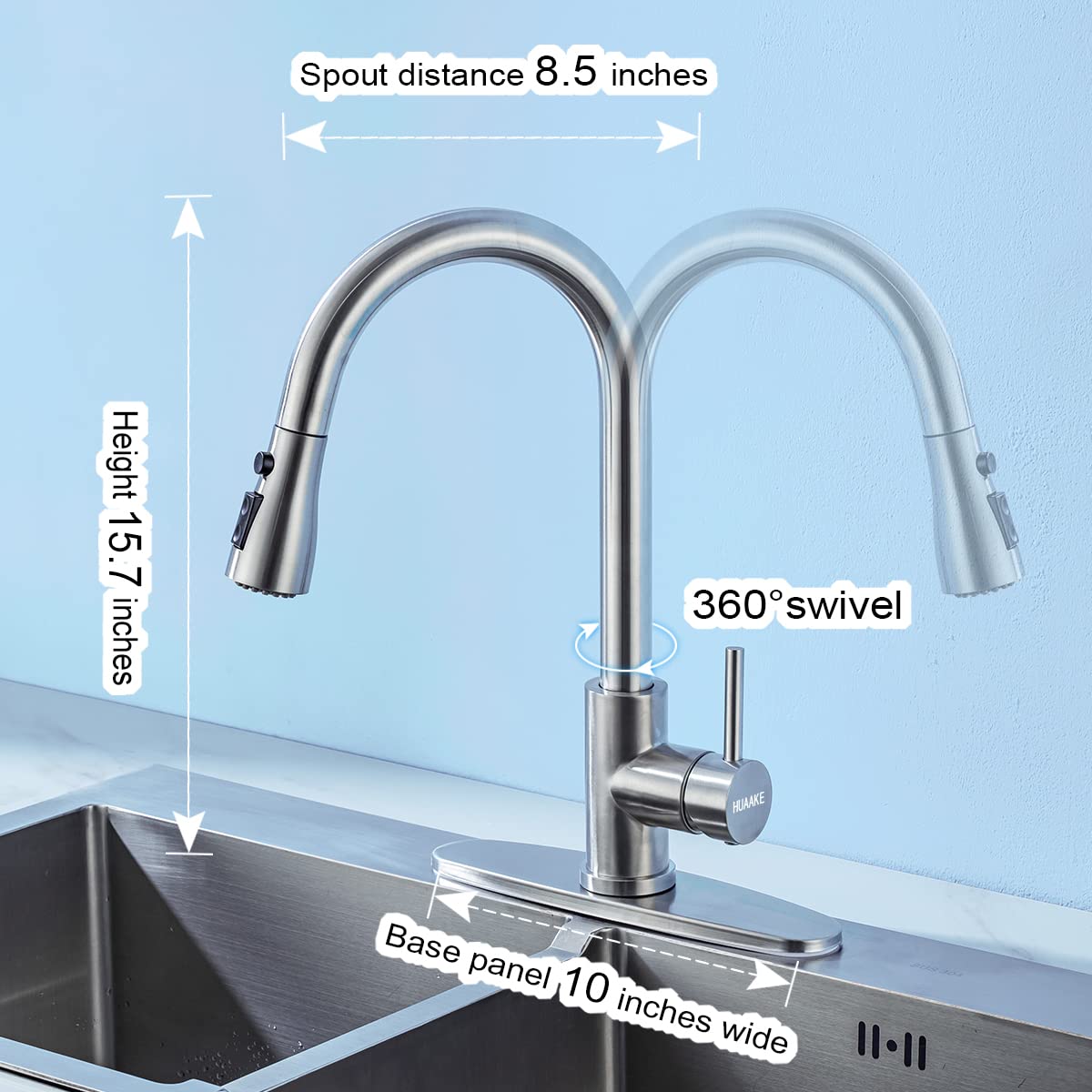 HUAAKE Kitchen Faucet with Pull Down Sprayer, Multi-Function Stainless Steel Single Handle High Arc Kitchen Sink Faucet, 360° Swivel Modern Commercial Kitchen tap with Deck Plate