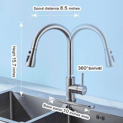HUAAKE Kitchen Faucet with Pull Down Sprayer, Multi-Function Stainless Steel Single Handle High Arc Kitchen Sink Faucet, 360° Swivel Modern Commercial Kitchen tap with Deck Plate