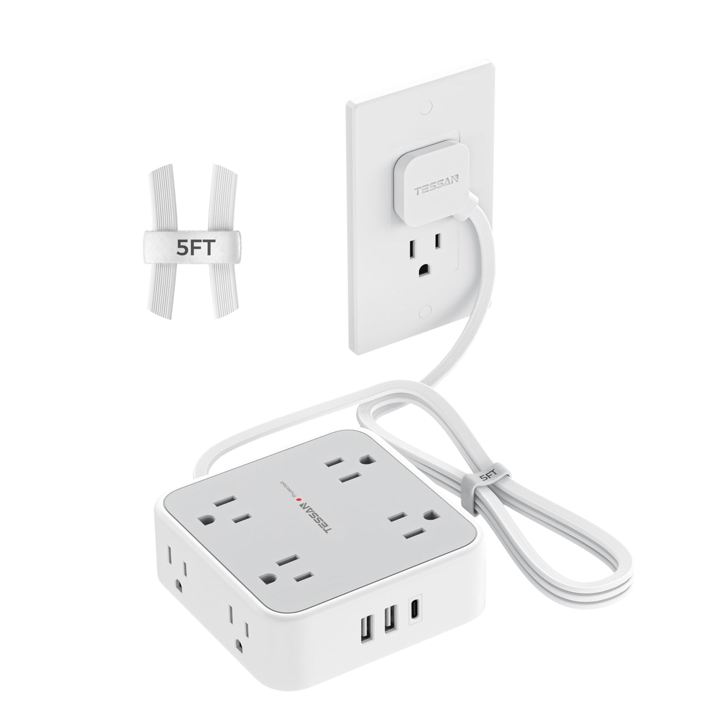 Flat Plug Power Bar, TESSAN 5 Ft Extension Cord Indoor with 8 Multi Outlets and 3 USB (1 USB C), Surge Protector Power Strip, Wall Mount Charging Station for Home Office Dorm, Gray