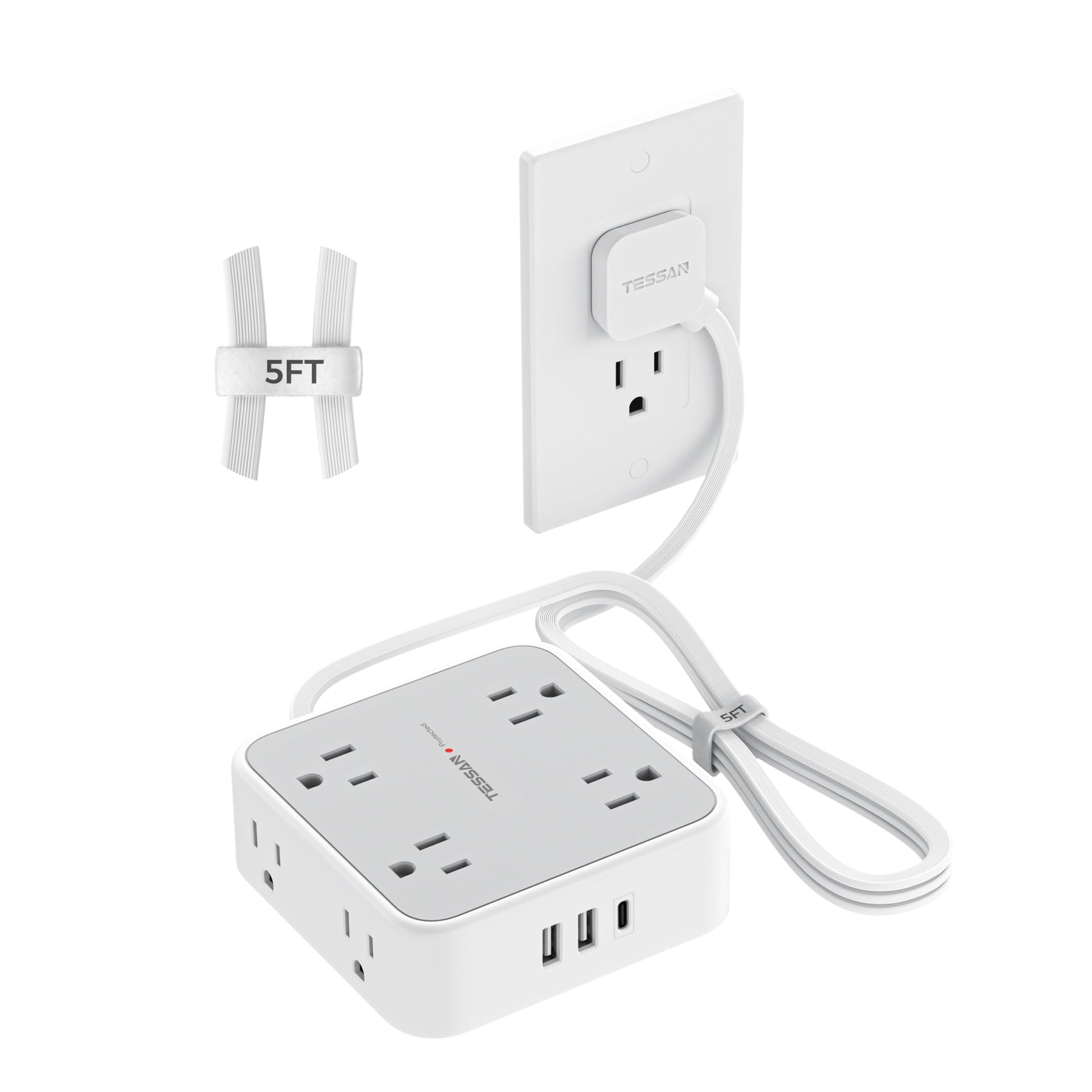 Flat Plug Power Bar, TESSAN 5 Ft Extension Cord Indoor with 8 Multi Outlets and 3 USB (1 USB C), Surge Protector Power Strip, Wall Mount Charging Station for Home Office Dorm, Gray