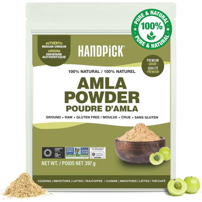 HANDPICK, Amla Powder (397gm/14oz) Halal Amalaki, Non-GMO | 100% Raw and Natural - Lab Tested for Purity | Indian Gooseberry Powder | Resealable Zip Lock Pouch