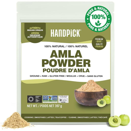 HANDPICK, Amla Powder (397gm/14oz) Halal Amalaki, Non-GMO | 100% Raw and Natural - Lab Tested for Purity | Indian Gooseberry Powder | Resealable Zip Lock Pouch