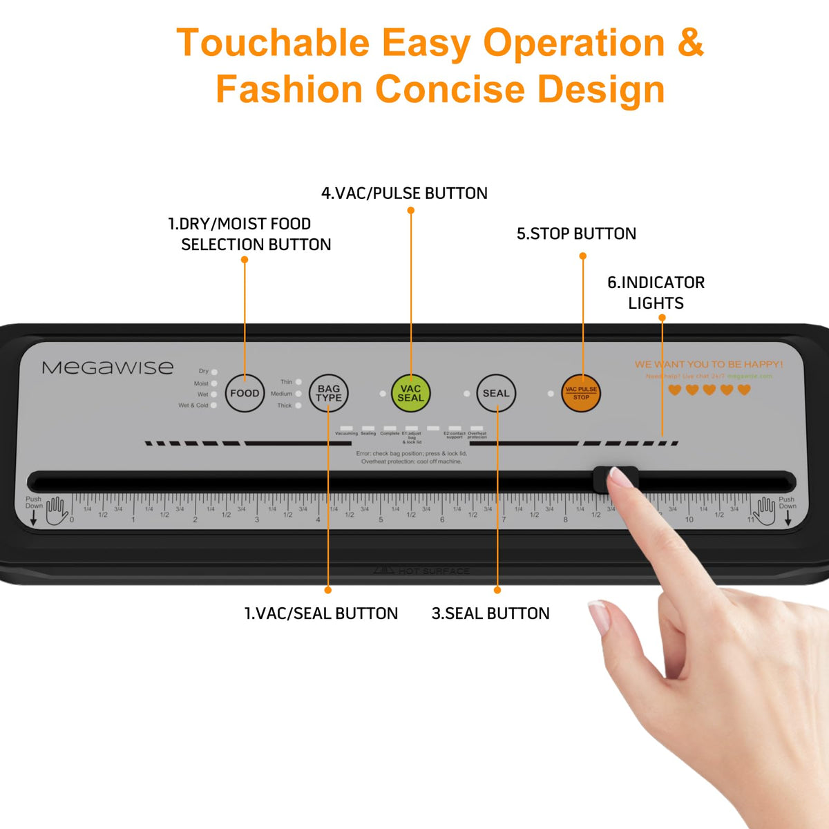 MEGAWISE Vacuum Sealer Machine, 80kPa, 4 Food Modes, Built-In Cutter, Gray