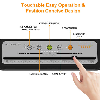 MEGAWISE Vacuum Sealer Machine, 80kPa, 4 Food Modes, Built-In Cutter, Gray