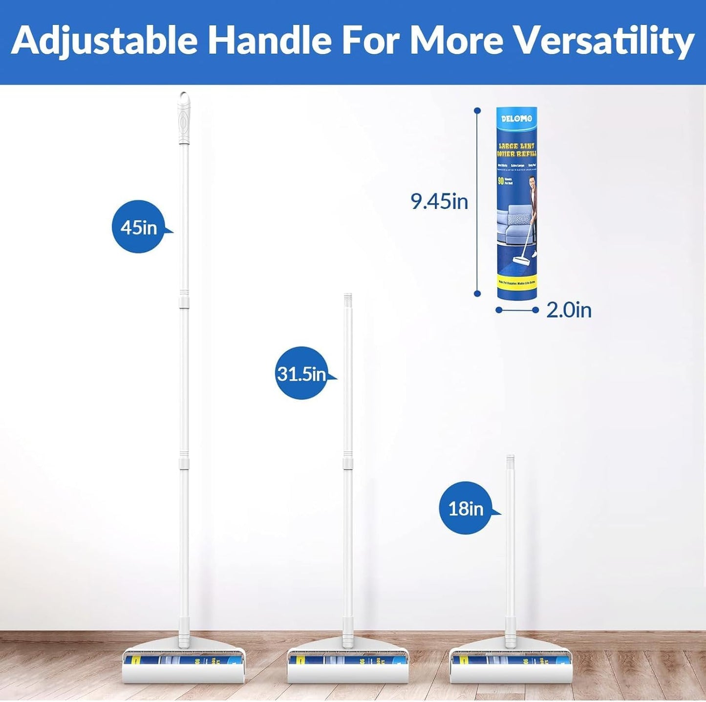 Large Lint Rollers for Carpet, Sticky Rollers for Floor DELOMO 9.45 in with 3 Extendable Handle, Long Handle Sticky Mop for Cleaning Carpets, Cars, Bedding, and Pet Hair, Ideal Gift for Pet Owners - Available at All In One Marketplace Canada