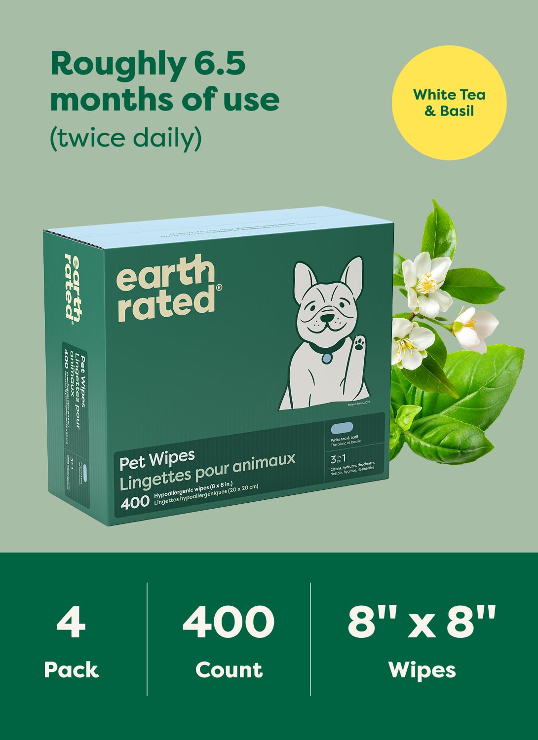 Earth Rated (A Canadian Company) Pet Wipes for Dogs and Cats, Hypoallergenic, 3-in-1 Cleaning, Deodorizing and Hydrating, for Grooming Paws, Body and Butt, New White Tea and Basil Scent, 400 Count