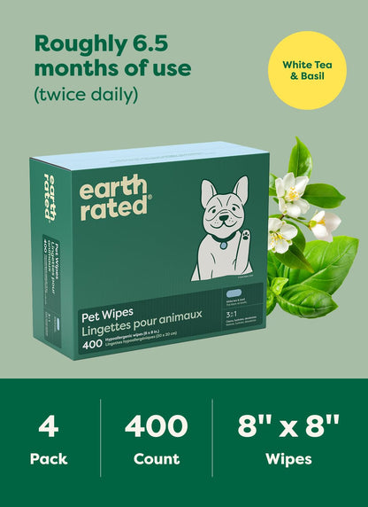Earth Rated (A Canadian Company) Pet Wipes for Dogs and Cats, Hypoallergenic, 3-in-1 Cleaning, Deodorizing and Hydrating, for Grooming Paws, Body and Butt, New White Tea and Basil Scent, 400 Count