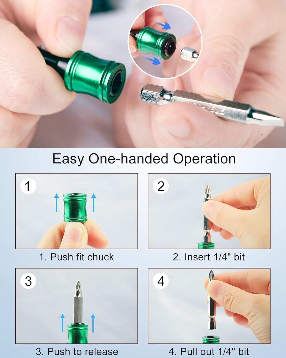 Upgrade, Push to Unlock,katerk 6pcs 1/4 inch Hex Shank Aluminum Alloy Screwdriver Bits Holder Light-weight Quick-change Extension Bar Keychain Drill Screw Adapter Change Portable, With Black Carabiner - Available at All In One Marketplace Canada