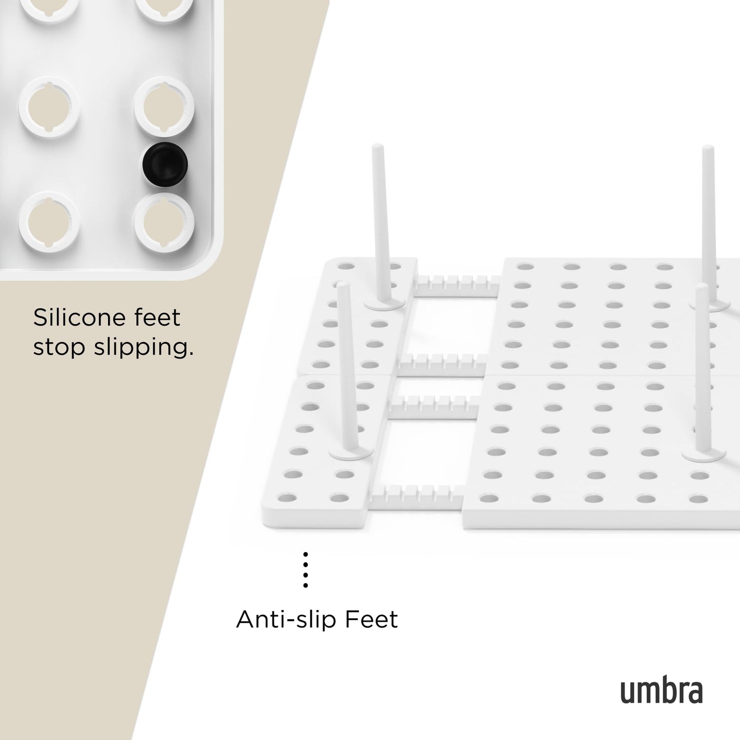 Umbra Peggy Kitchen Drawer Cupboard Organizer Tray - Adjustable Storage System For Food Containers, Cookware, Serveware, Utensils and More, White Umbra