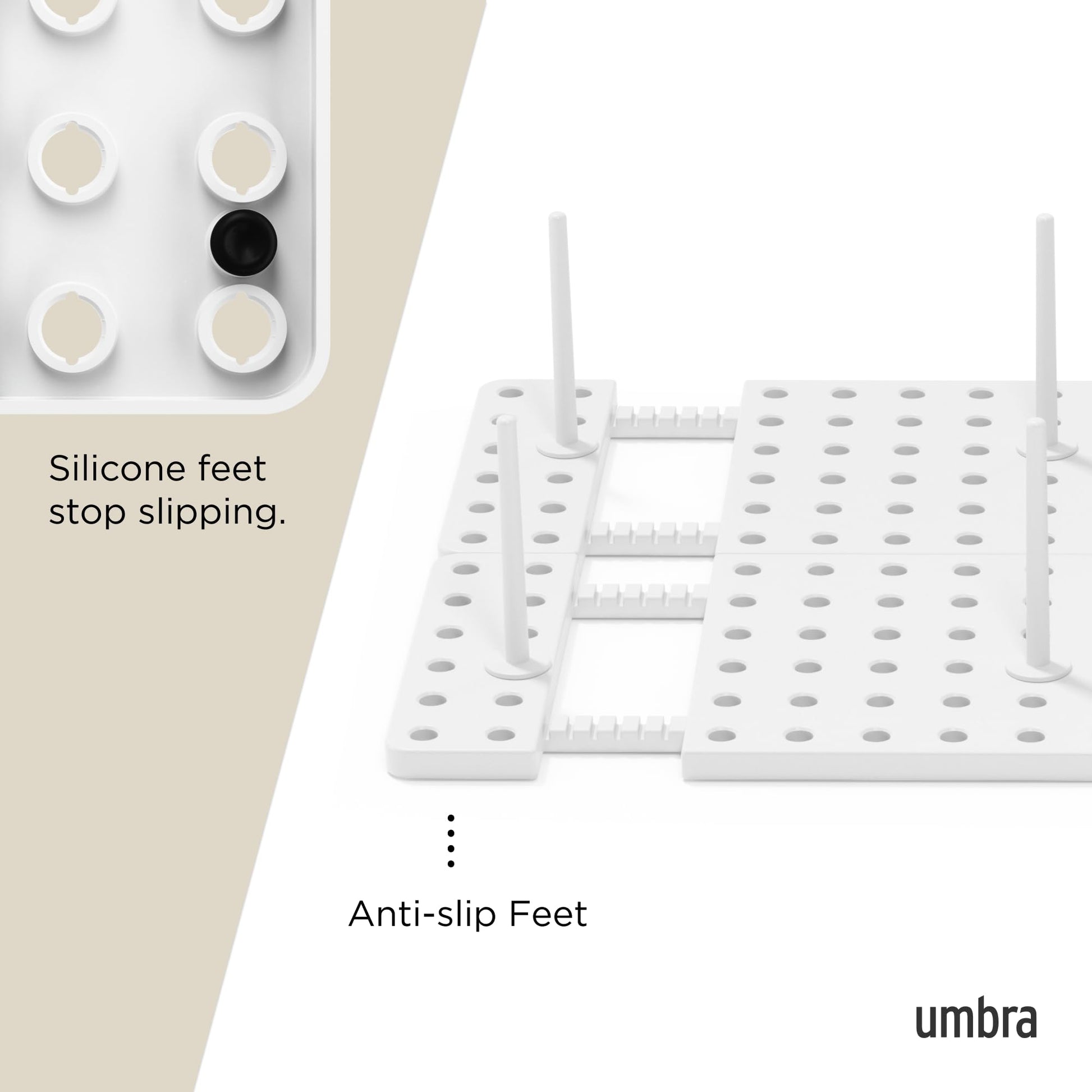 Umbra Peggy Kitchen Drawer Cupboard Organizer Tray - Adjustable Storage System For Food Containers, Cookware, Serveware, Utensils and More, White Umbra
