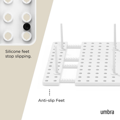 Umbra Peggy Kitchen Drawer Cupboard Organizer Tray - Adjustable Storage System For Food Containers, Cookware, Serveware, Utensils and More, White Umbra
