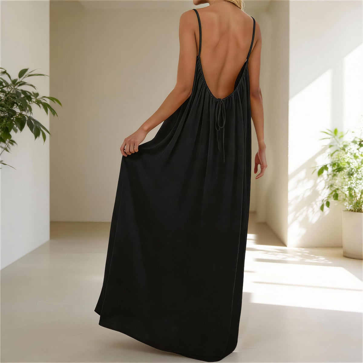 Tubeluck Backless Cami Dress for Women Summer Sleeveless Long Casual Sundress Lady Solid Color Open Back Lounge Dresses Holiday House (CA/US, Alpha, Medium, Regular, Regular, Black) 🍁 All In One Marketplace Canada