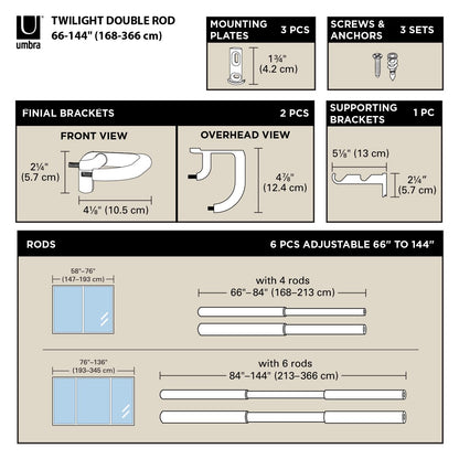 Umbra Twilight Double Curtain Rod Set – Wrap Around Design Ideal for Blackout or Room Darkening Panels, 66 to 144 Inches, Nickel Umbra