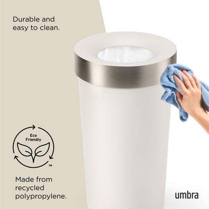 Umbra Vento Kitchen Trash Can – Large 16 Gal (62 L) Open Top Garbage Can for Home & Office – Modern Clean Design, Sand/Nickel Umbra