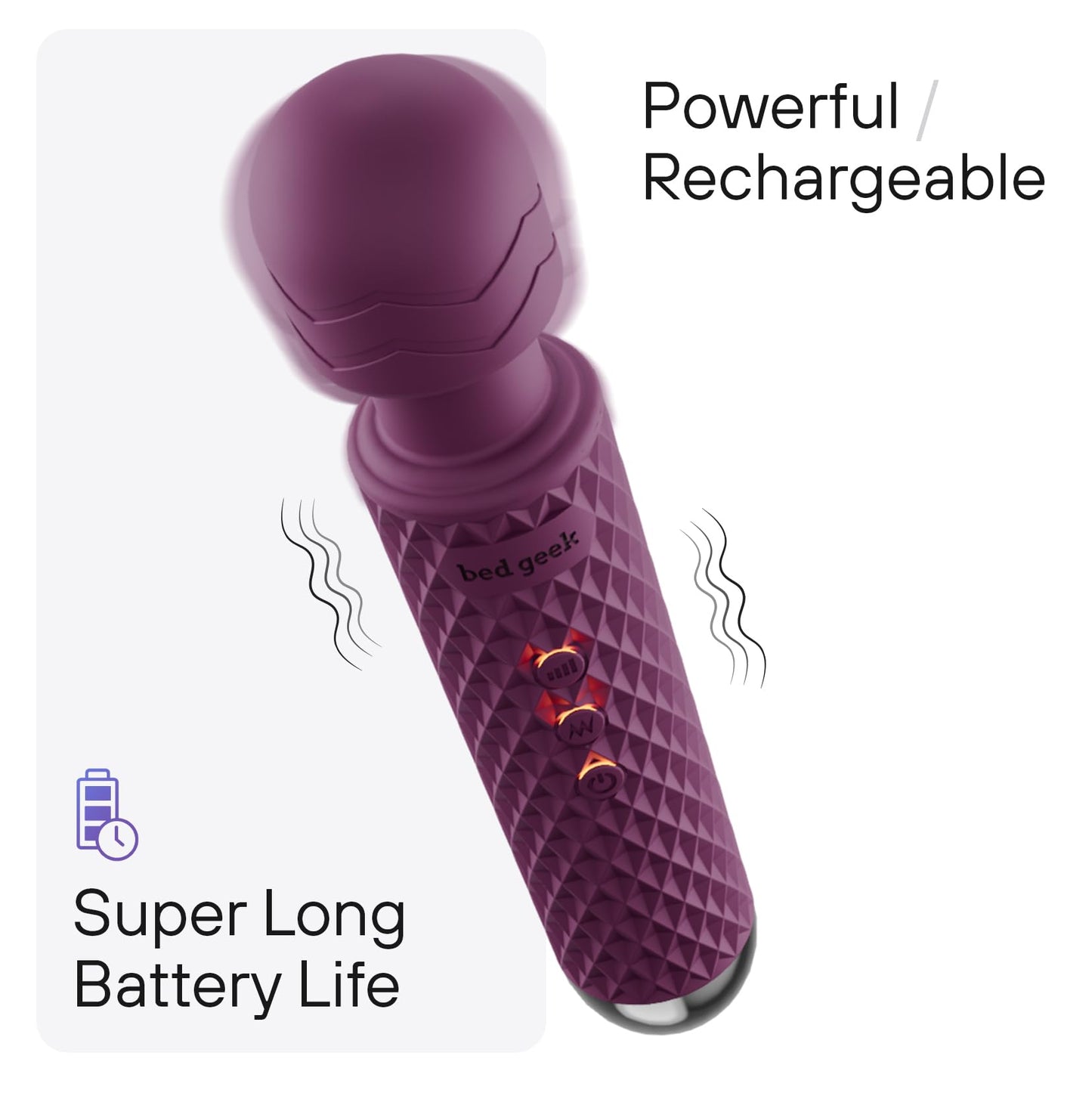 bed geek Handheld Cordless Personal Wand Massager – Waterproof, USB Rechargeable, 20 Vibration Patterns, 8 Speeds, Memory Feature, Skin-Soft Silicone for Ultimate Relaxation Tool (Purple) - Available at All In One Marketplace Canada