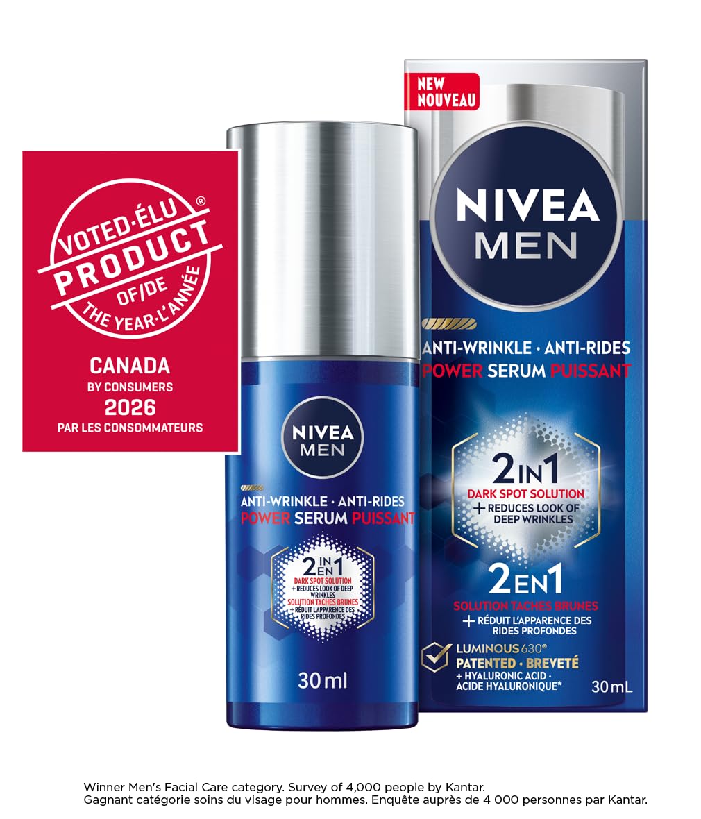 NIVEA MEN Anti Wrinkle 2-In-1 Power Serum for All Skin Types, Dark Spot Solution Face Serum for Men, With Luminous630 and Hyaluronic Acid to Reduce Deep Wrinkles and Dark Spots, 30mL
