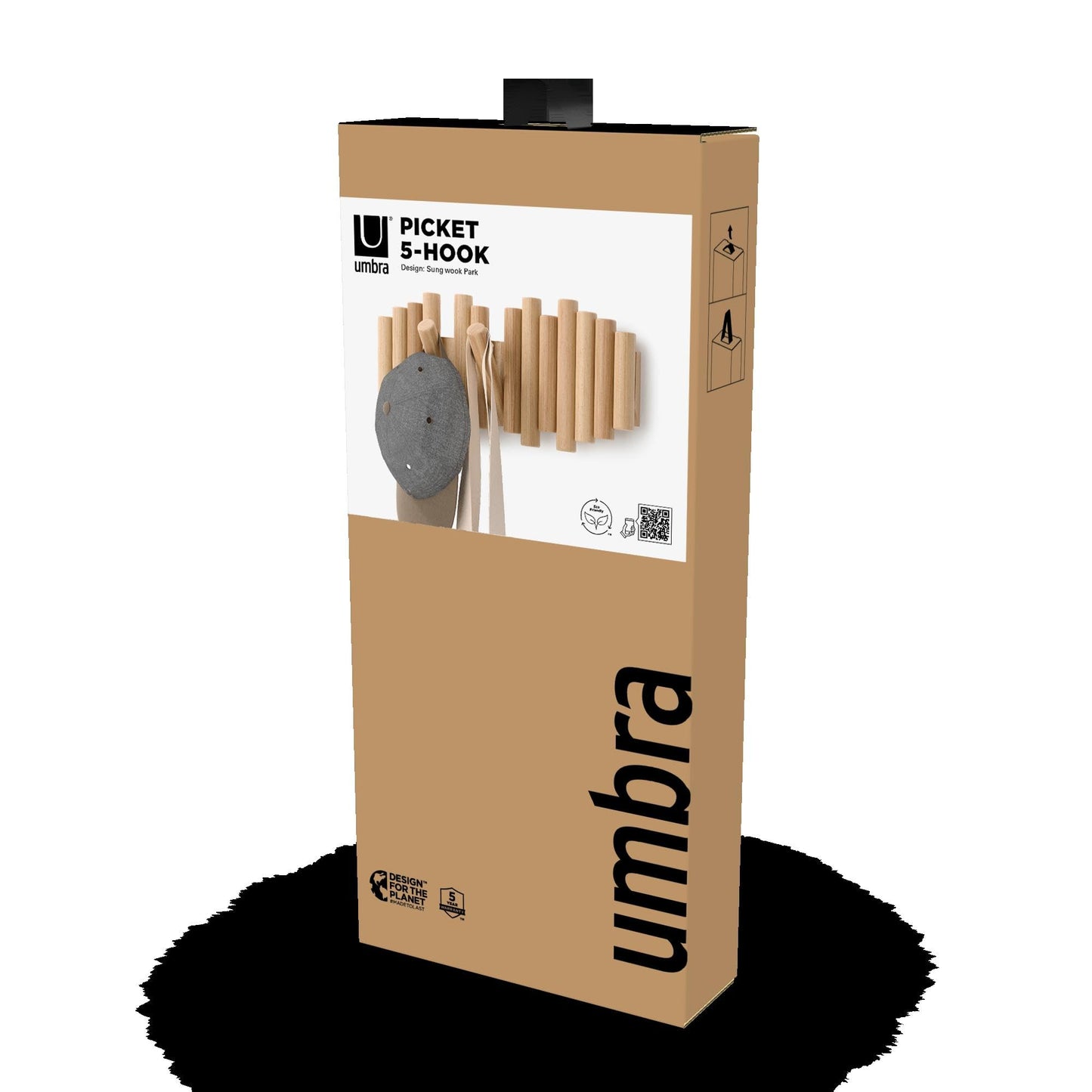 Umbra Picket Coat Rack Wall Mount – 5 Flip-Down Wood Coat Hooks, Modern & Functional Storage, Easy Install Wall Hooks, Natural Umbra
