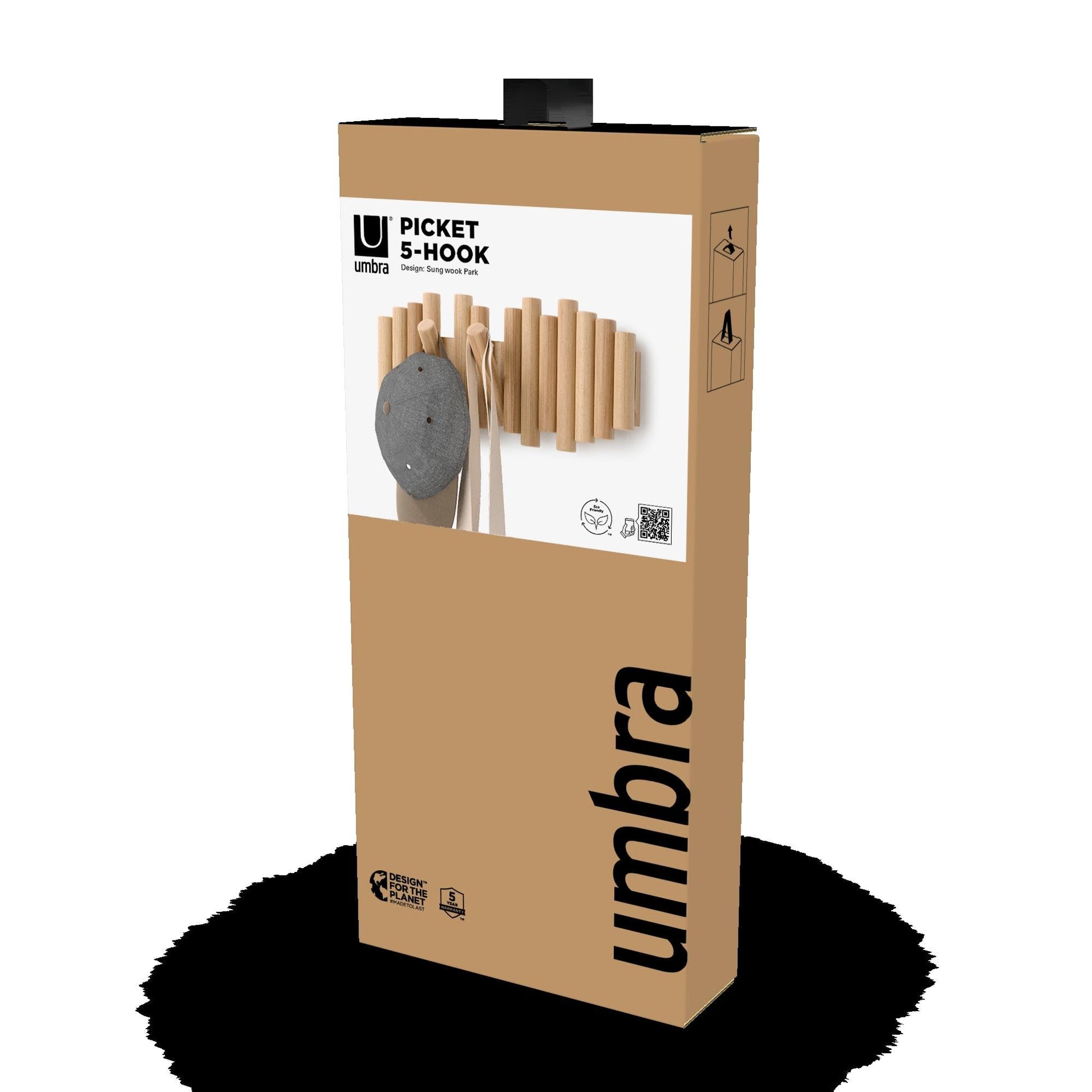 Umbra Picket Coat Rack Wall Mount – 5 Flip-Down Wood Coat Hooks, Modern & Functional Storage, Easy Install Wall Hooks, Natural Umbra