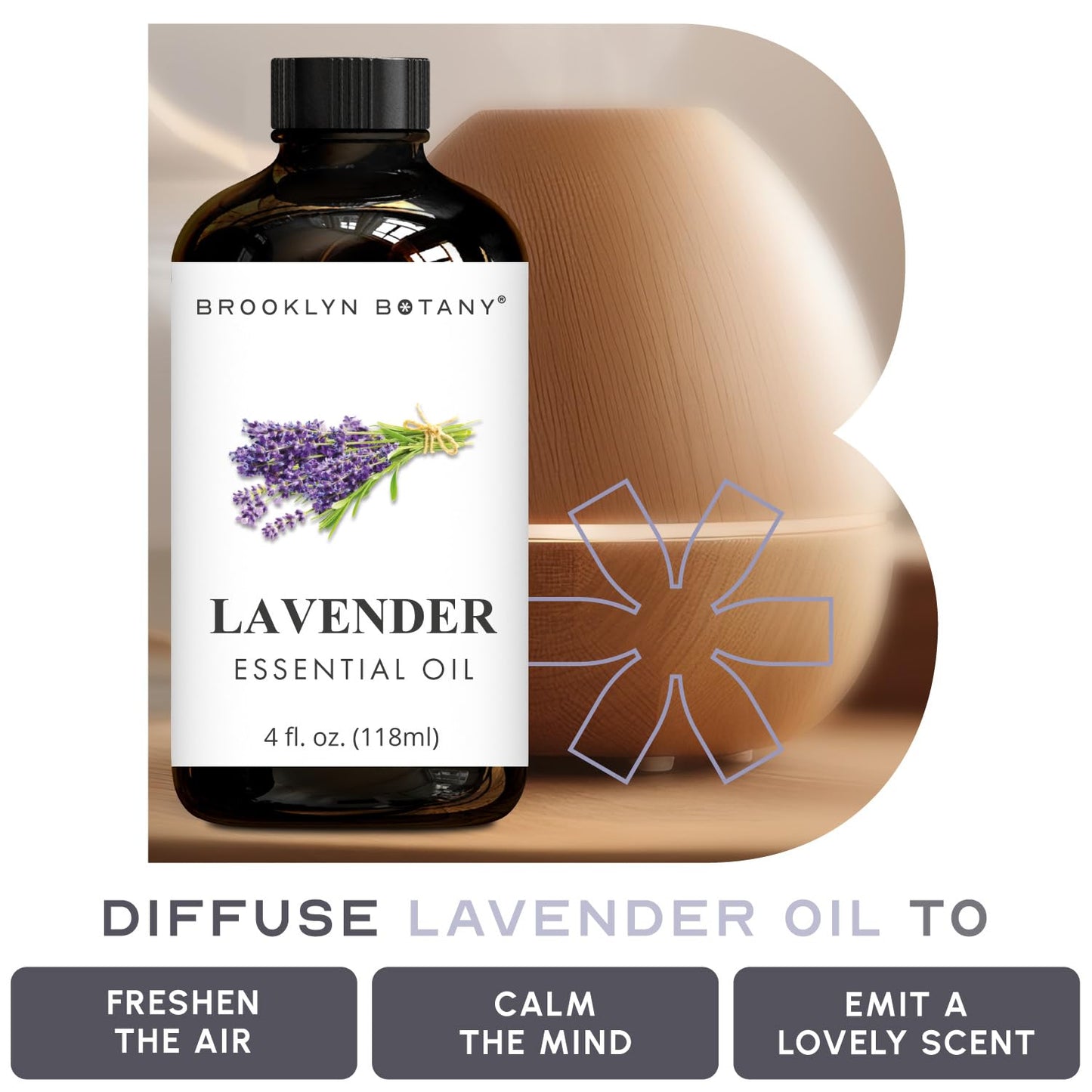 Brooklyn Botany Lavender Essential Oil - Huge 118 ml - with Glass Dropper - for Aromatherapy and Diffuser