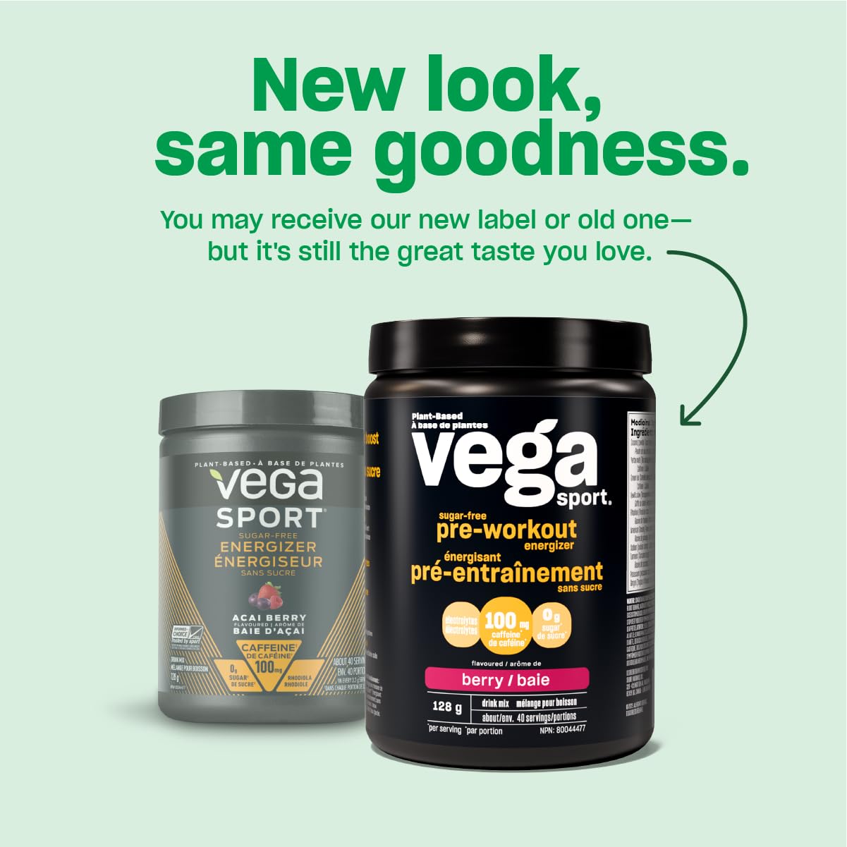 Vega Sport Sugar Free Pre-Workout Energizer, Lemon Lime (40 Servings) Vegan Preworkout Energy Powder, Gluten Free, 100mg Caffeine, Non GMO, 136g (Packaging May Vary) Vega