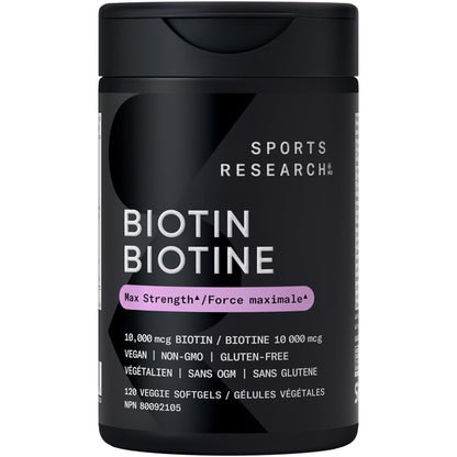 Sports Research® Max Strength Vegan Biotin 10,000mcg with Organic Coconut Oil - Helps to Maintain Healthy Hair, Nails and Skin - Great for Women & Men - 120 Veggie Softgels - Available at All In One Marketplace Canada