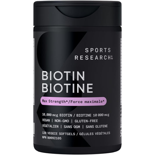 Sports Research® Max Strength Vegan Biotin 10,000mcg with Organic Coconut Oil - Helps to Maintain Healthy Hair, Nails and Skin - Great for Women & Men - 120 Veggie Softgels - Available at All In One Marketplace Canada