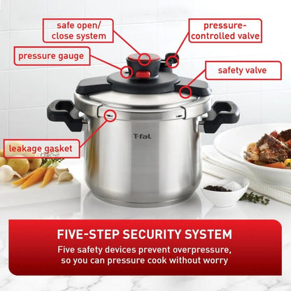 T-fal Clipso Stainless Steel Pressure Cooker, 6 Qt, Secure Locking System, One Hand System, Silver, Induction Compatible, Pressure Canner, Includes Recipe Book, Cookware T-Fal