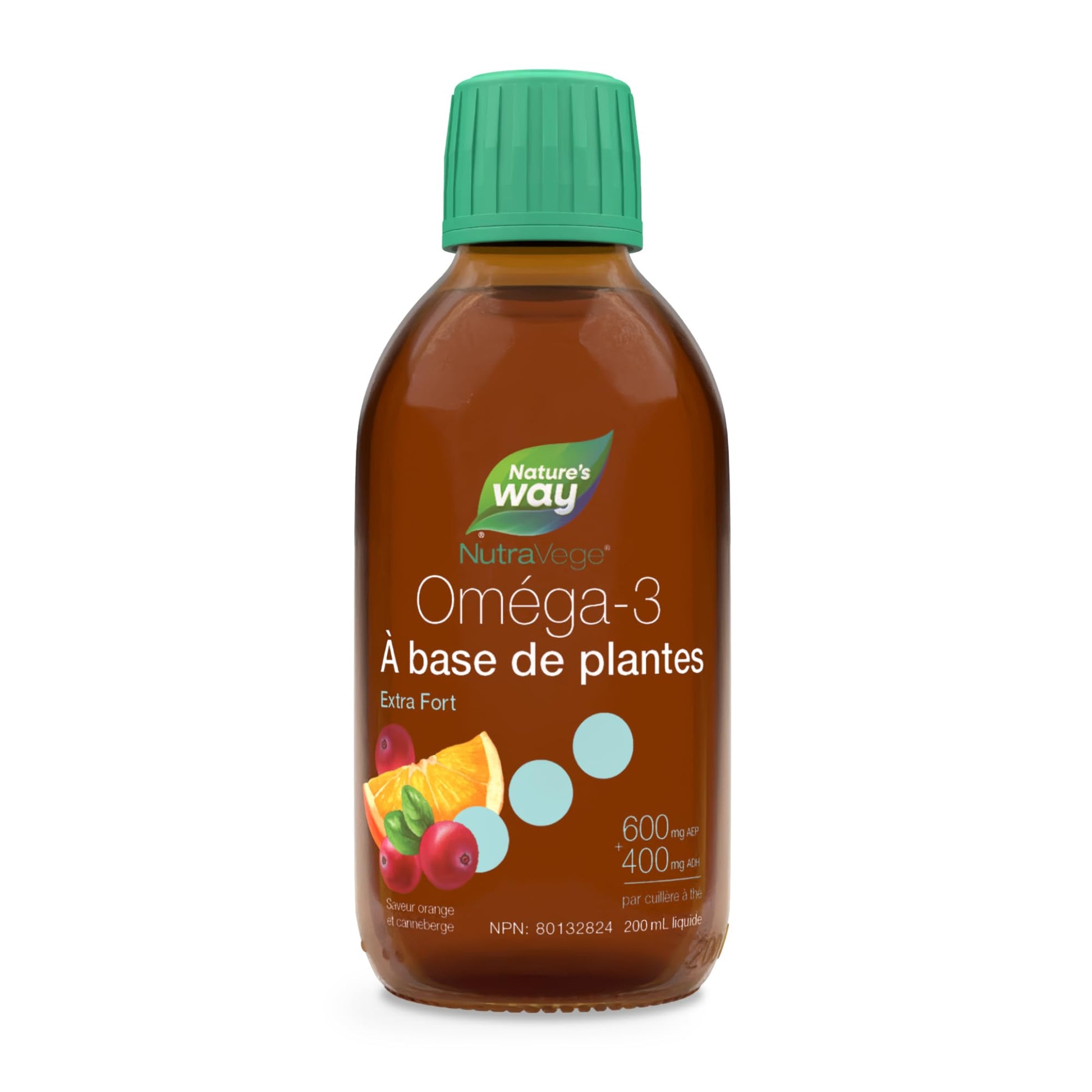 Nature's Way NutraVege Plant-based Omega-3 Extra Strength Vegetarian Liquid Supplement - 1000mg EPA + DHA - Cranberry Orange Flavour – Supports Healthy Heart, Eyes and Brain Function in Adults, 200 mL Nature's Way