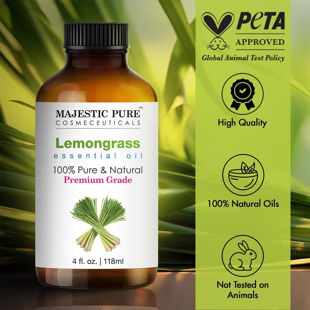 Majestic Pure Lemongrass Essential Oil - Huge 118 ml - 100% Pure and Natural Oil for Soap Making Scent- Premium Grade with Glass Dropper