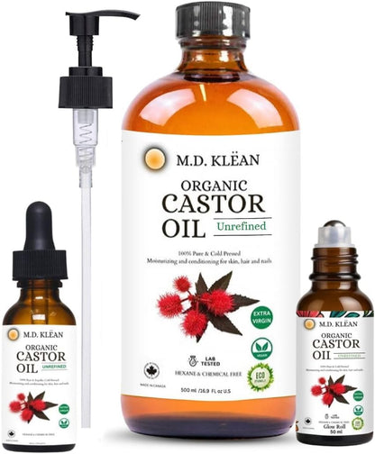 M.D. KLEAN Castor Oil Pure Cold Pressed (610 ml) Amber Glass Bottles | BPA Free Pump inc | Hexane Free| Lab Tested, Skin Moisturizer, Enhance Collagen | Holiday Gift (Free Roller Ball 50ml) 🍁 All In One Marketplace Canada