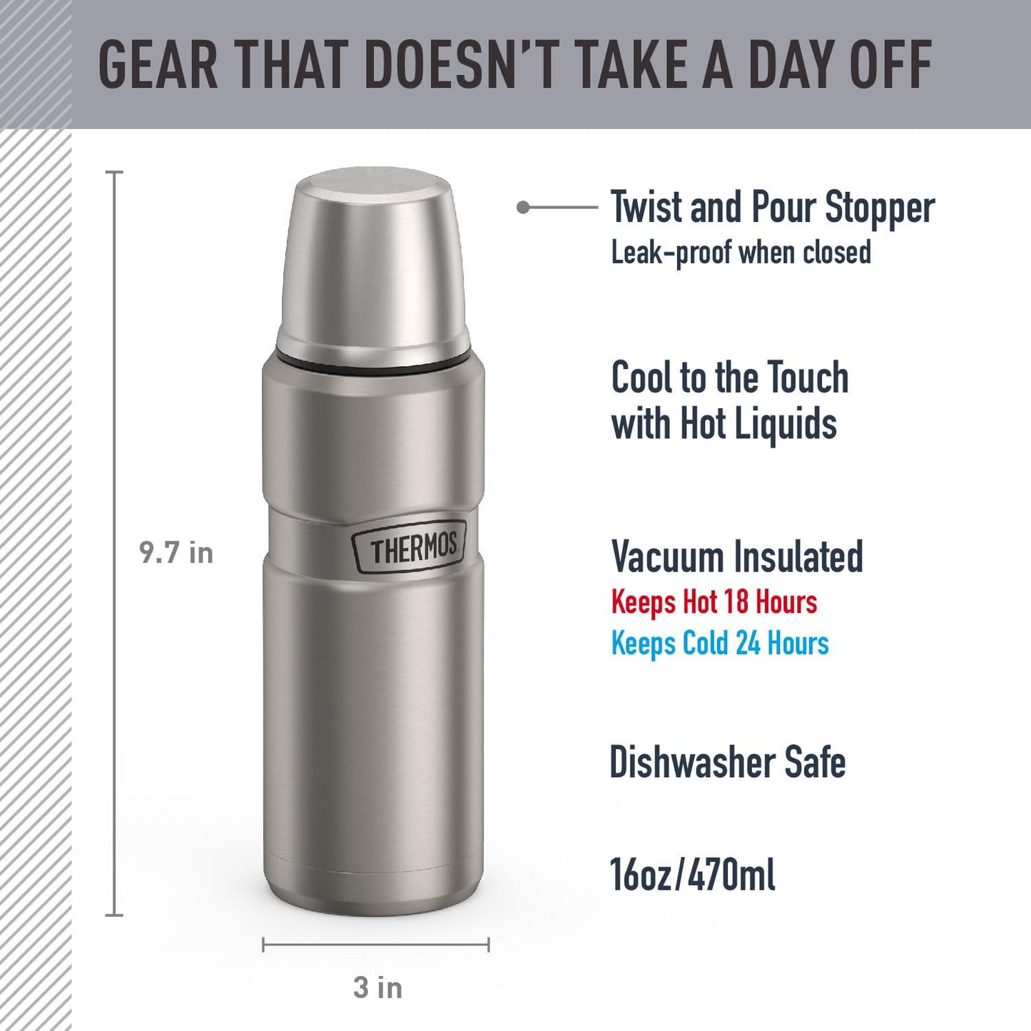 THERMOS Stainless King Beverage Bottle, 16oz, Matte Steel Thermos