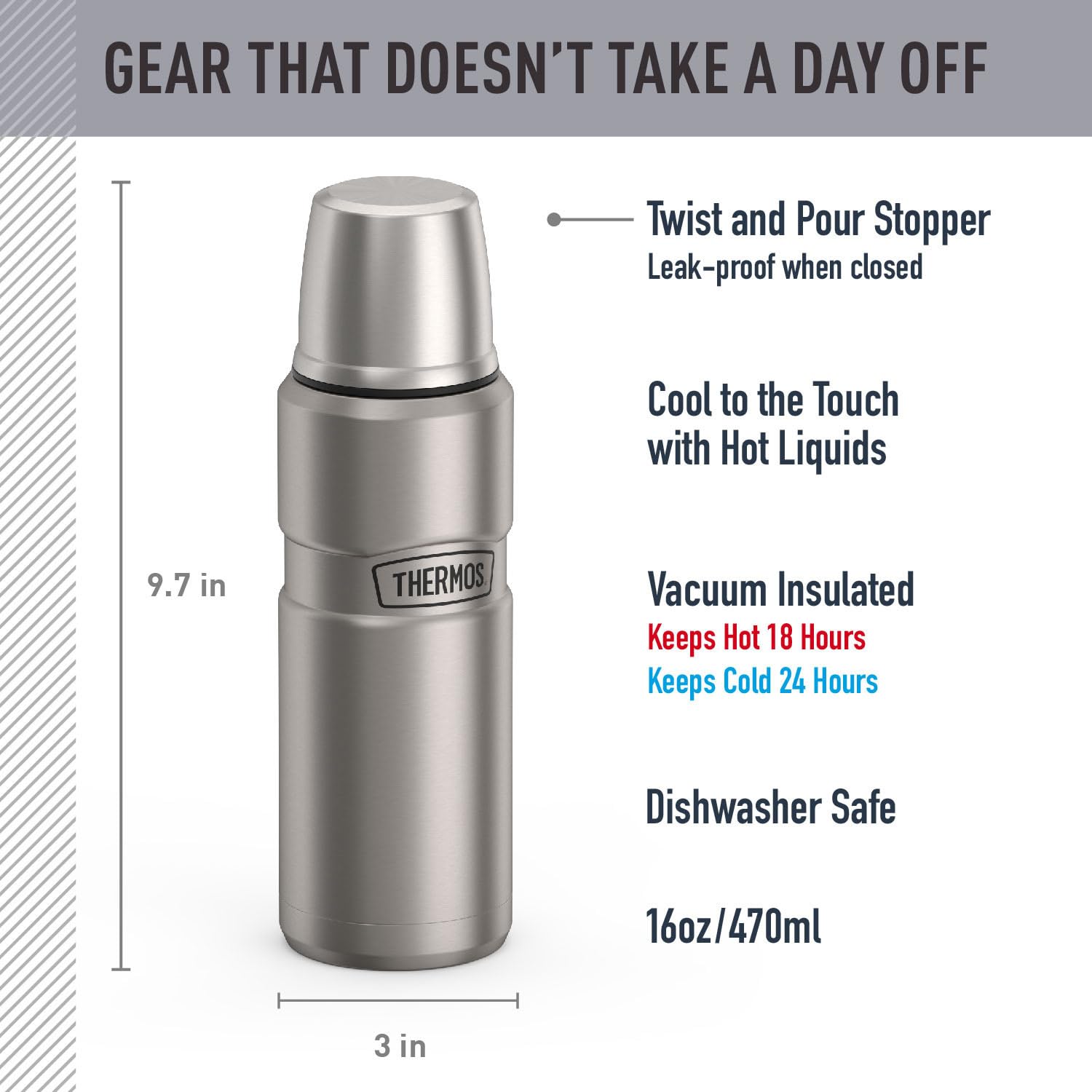THERMOS Stainless King Beverage Bottle, 16oz, Matte Steel Thermos