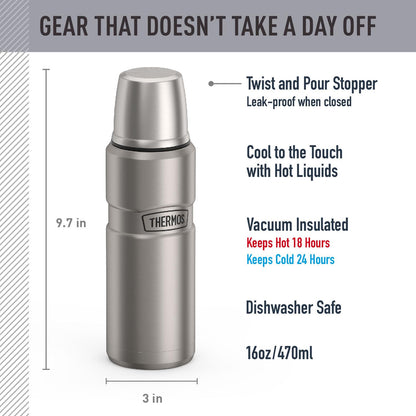 THERMOS Stainless King Beverage Bottle, 16oz, Matte Steel Thermos