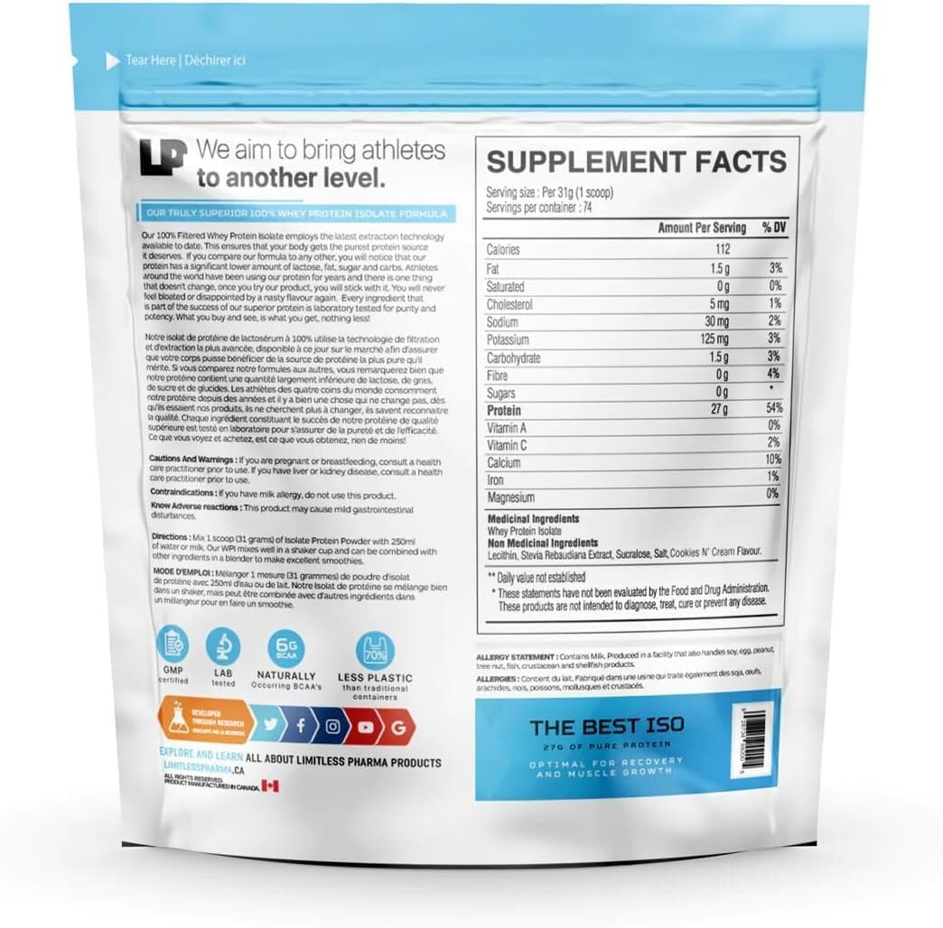 Limitless Pharma Pure Whey Isolate Powder | 27g Protein & 6g BCAAs Per Serving | Sugar-Free, Gluten-Free, Low Carb | 74 Servings, 5LB (Vanilla)