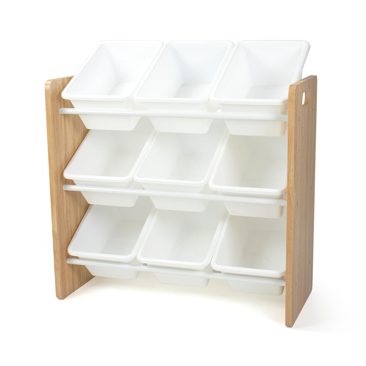 Humble Crew 9-Bin Toy Organizer – Journey Natural Wood with White Plastic Bins, 3-Tier Storage Solution for Kids' Playrooms and Nurseries