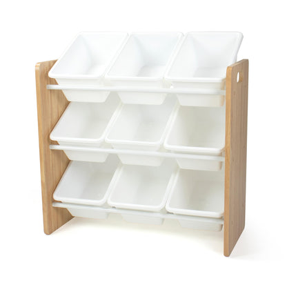 Humble Crew 9-Bin Toy Organizer – Journey Natural Wood with White Plastic Bins, 3-Tier Storage Solution for Kids' Playrooms and Nurseries