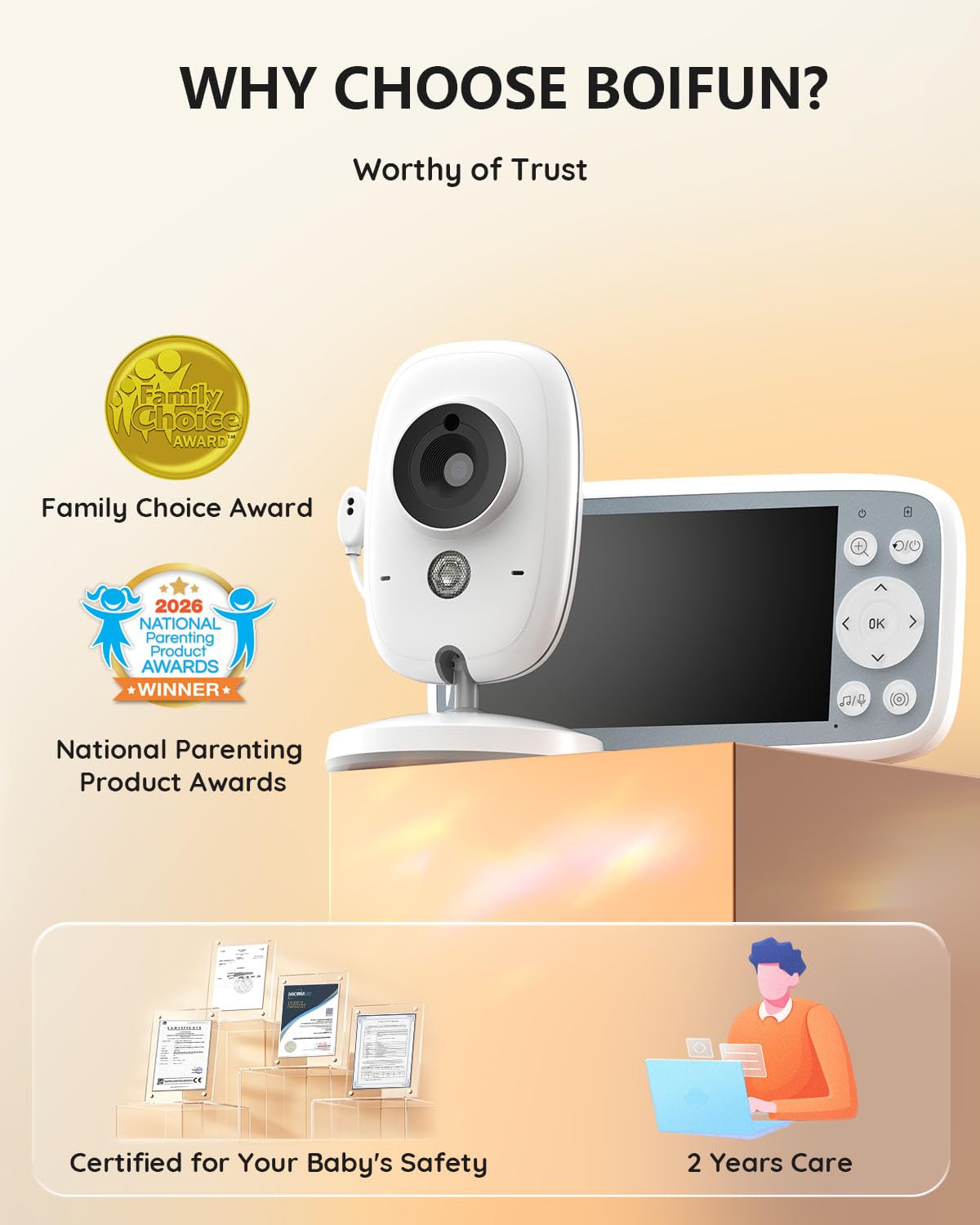 2026 Upgraded Boifun Baby Monitor No Wi-Fi, Baby Camera with 4" 720P IPS Screen, Night Vision, 3X Zoom, Two-Way Audio, Temperature Monitoring, Lullabies, Sound Detection, Just Turn On & Go