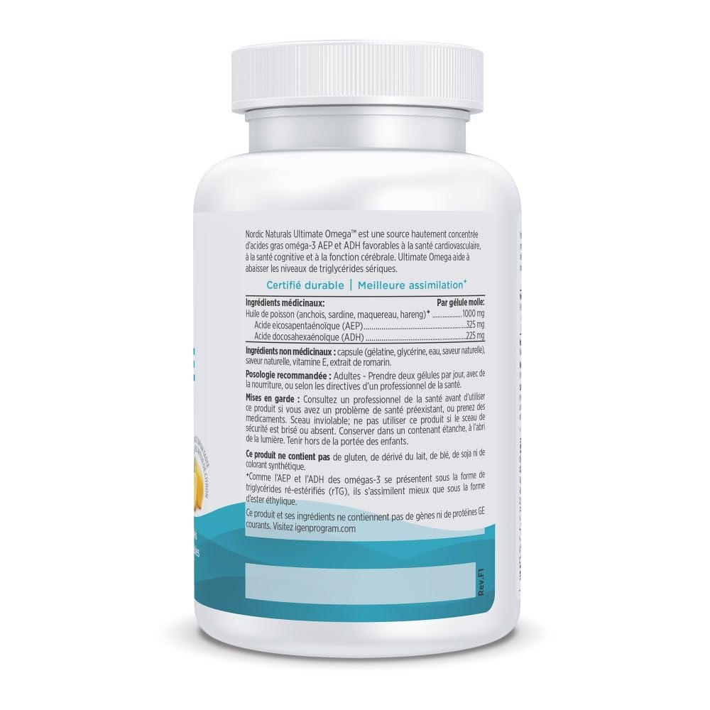 Nordic Naturals Ultimate Omega SoftGels - Omega-3 Supplement, Concentrated Fish Oil With More DHA and EPA, Supports Heart Health, Brain Development and Overall Wellness, Lemon, 60 Count