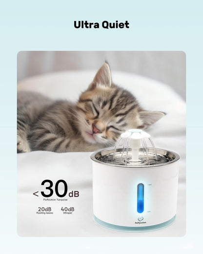 FluffyUnion Cat Water Fountain with Stainless Steel Lid, 2.4L/81oz Automatic Water Dispenser for Cats and Dogs