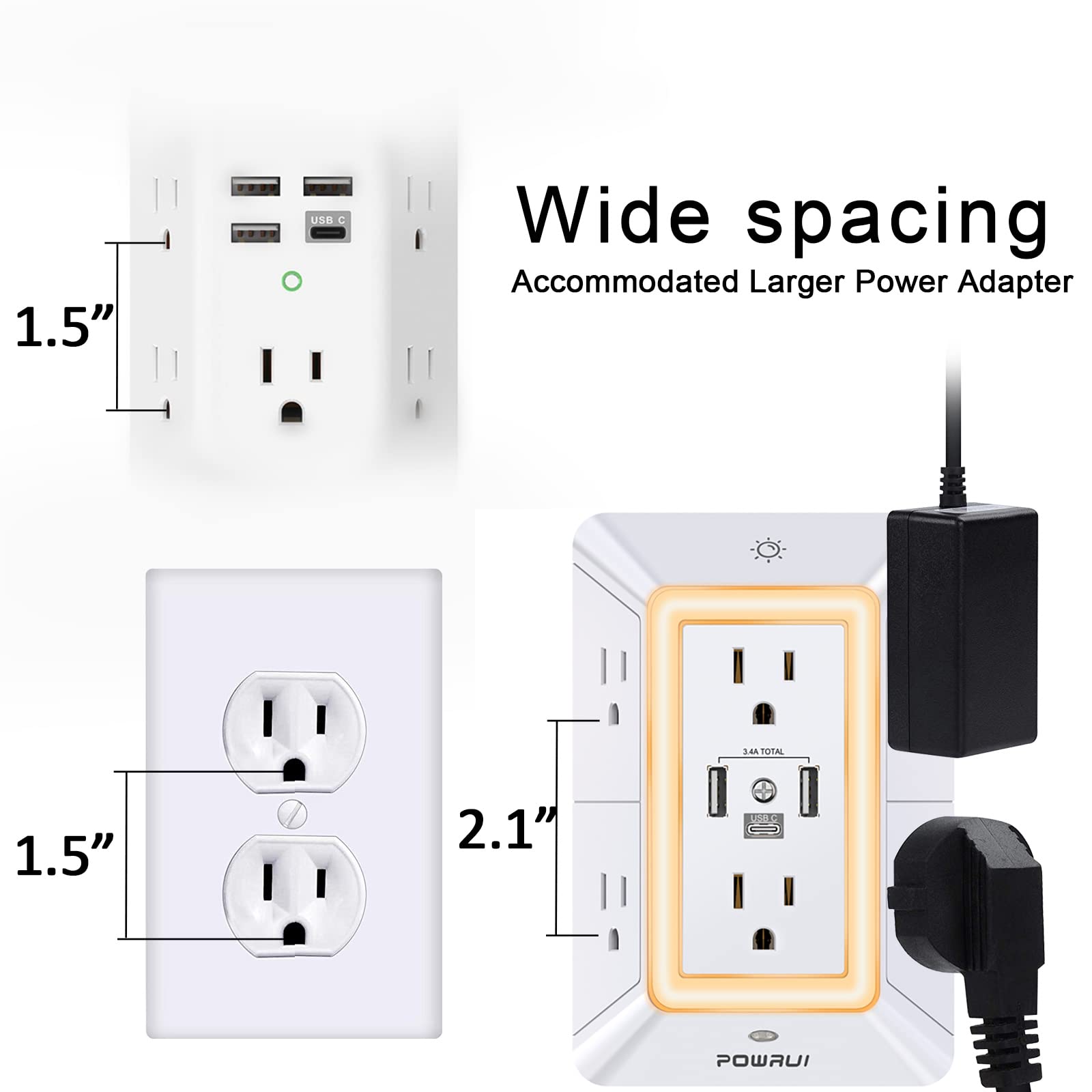3-Sided Power Bars with Surge Protector, POWRUI 6-Outlet Extender with 3 USB Ports (1 USB C) and Night Light, Multi Plug Outlet and Spaced Outlets Adapter, ETL, White - Available at All In One Marketplace Canada