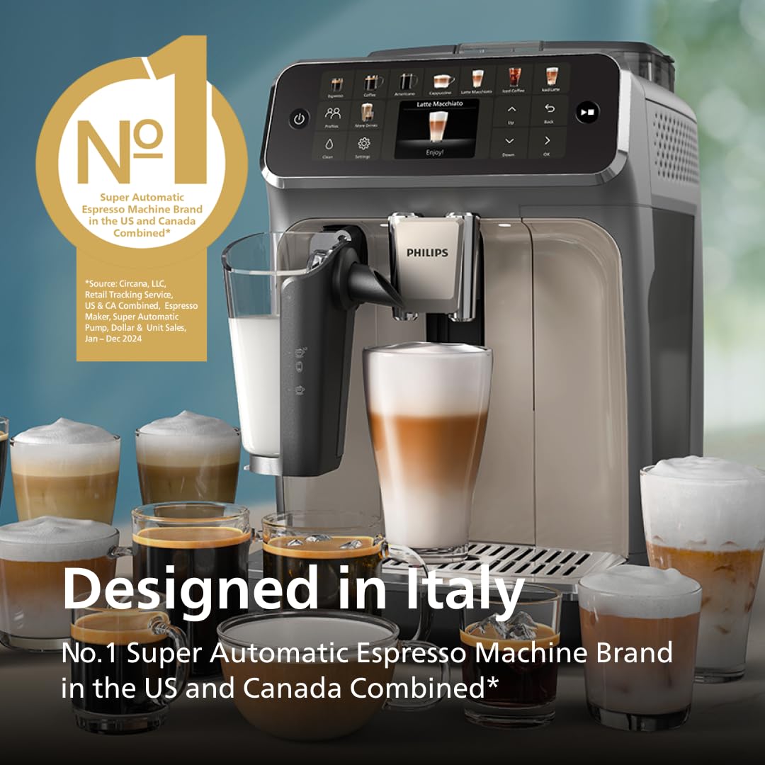 PHILIPS 5500 Series Fully Automatic Espresso Machine, LatteGo Milk System, Integrated Grinder, 20 Hot & Iced Coffee Pre-Sets, Quick Start, SilentBrew, 15-Bar Pressure, Grey Chromed (EP5544/90) PHILIPS