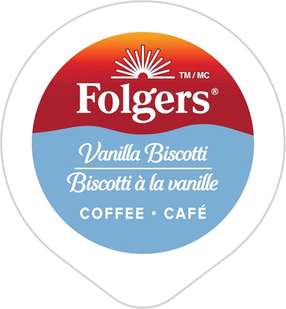 Folgers Vanilla Biscotti Flavoured Light Roast Coffee Pods, Single Serve One Cup Pods made with Arabica Beans for Hot or Iced Drinks, 30 Count (Pack of 1)