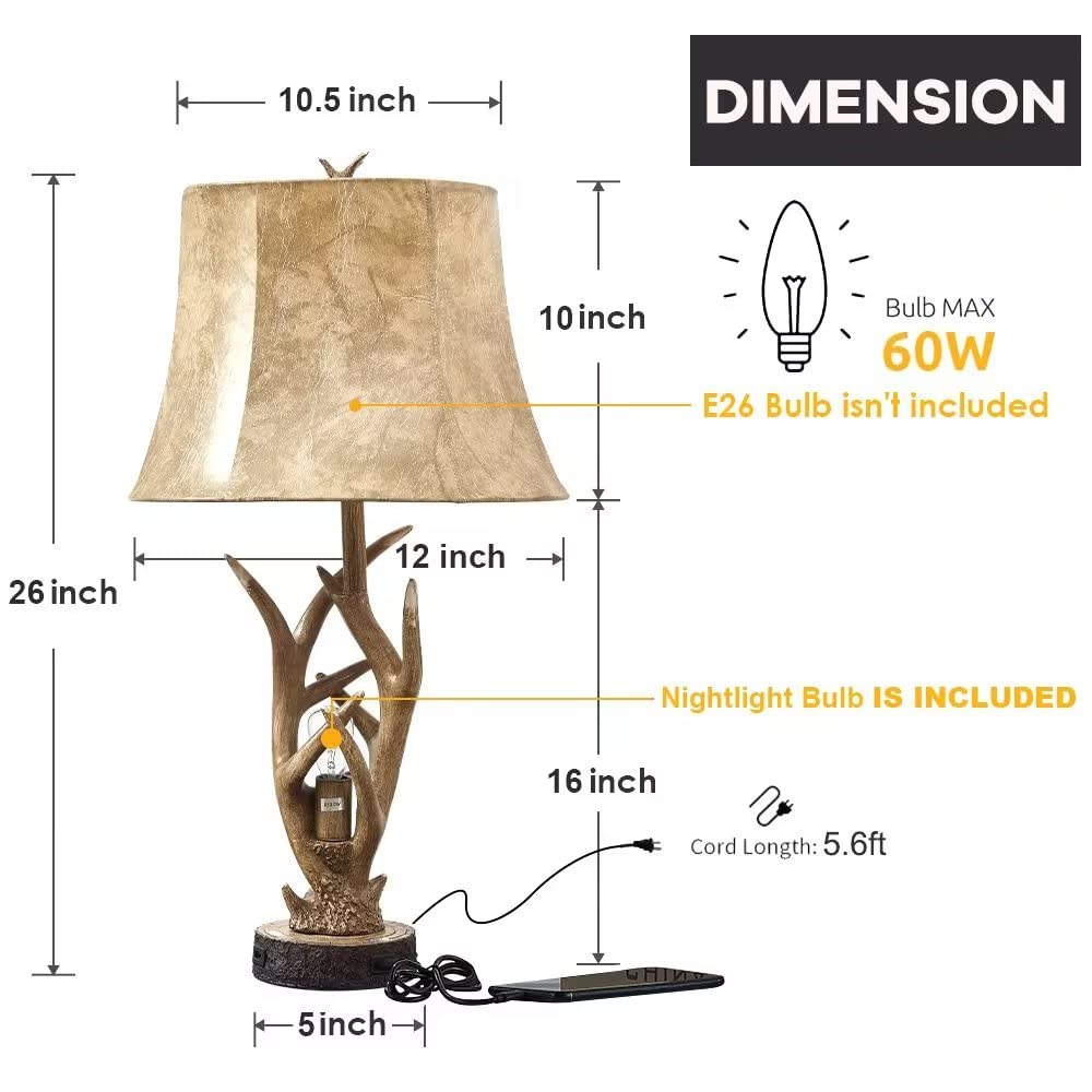Dungoo Rustic Western Deer Table Lamps with Nightlight Set of 2, 26" Rustic Bedside Lamps for Bedroom with 2 USB Ports, Natural Antler Table Lamp for Christmas Living Room Gift Foyer Office 🍁 All In One Marketplace Canada