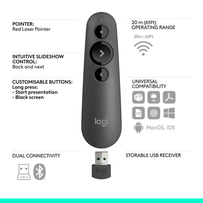 Logitech R500s Laser Presentation Remote Bluetooth USB A Receiver - Black