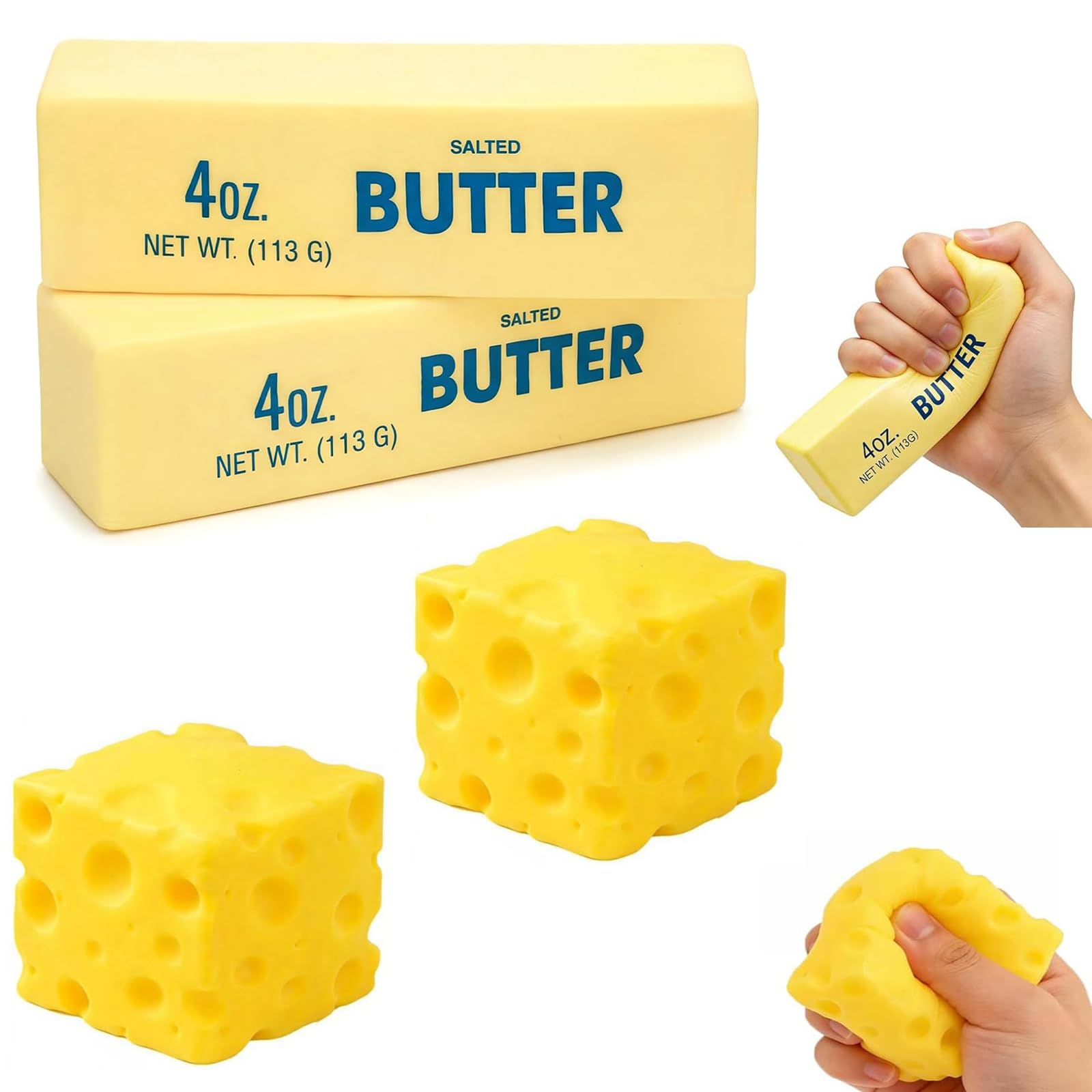 4 PCS Squishy Cheese Butter, 2 PCS Squishy Butter and 2 PCS Cheese, Stress Relief Cube Block, Yellow Unbreakable Figurine Simulation Cheeses Ball (2 Cheeses+2 Butter)