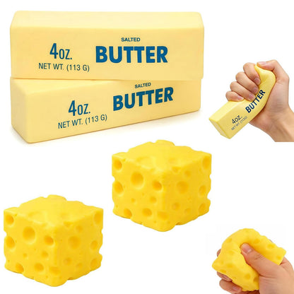 4 PCS Squishy Cheese Butter, 2 PCS Squishy Butter and 2 PCS Cheese, Stress Relief Cube Block, Yellow Unbreakable Figurine Simulation Cheeses Ball (2 Cheeses+2 Butter)